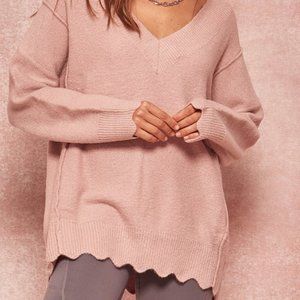 Scalloped Hem Deep V Sweater